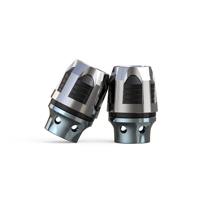 A pair of aluminium alloy fork cups for motorcycle or electric car front axle, shown in an anodised colour.