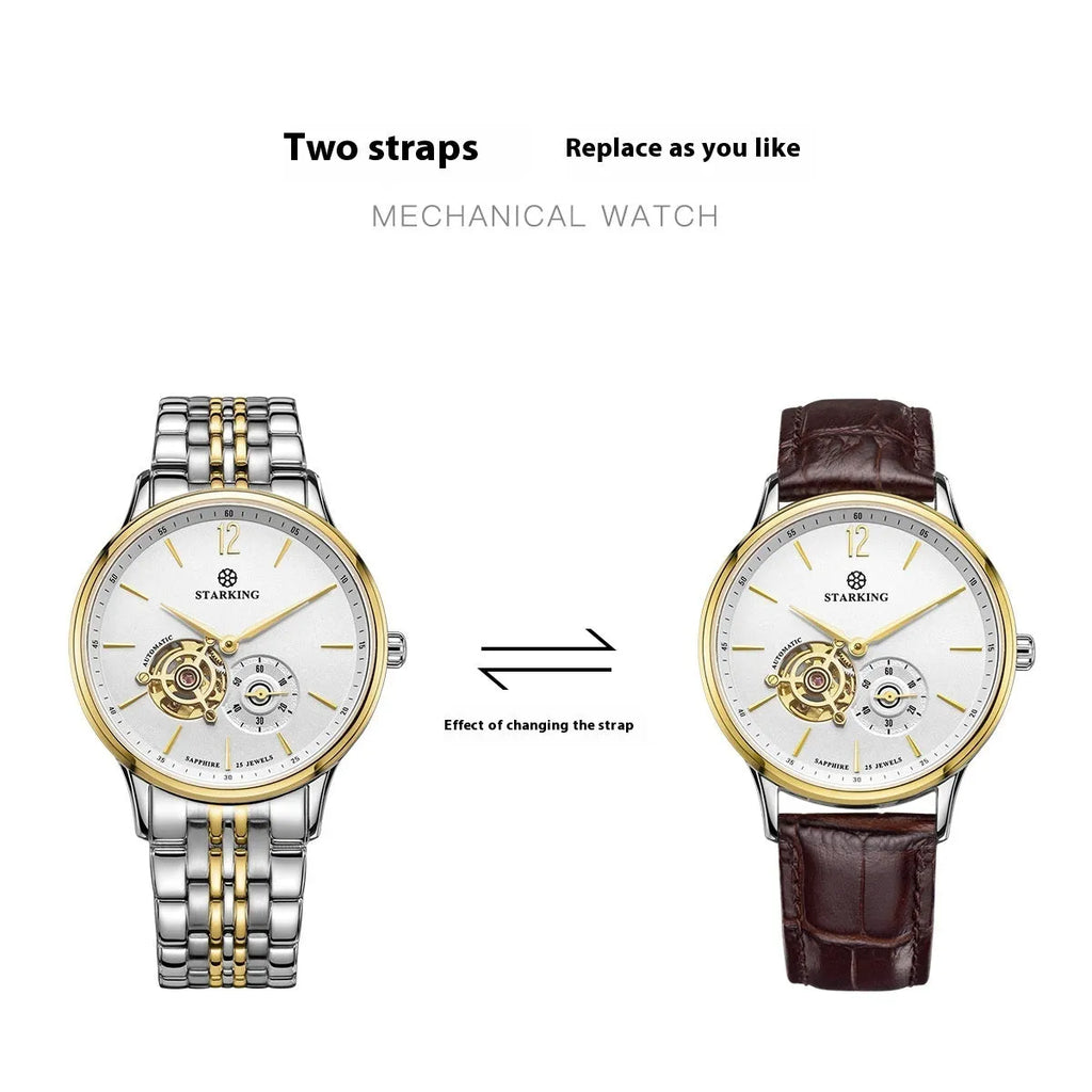 Automatic mechanical men's business watch with brown leather strap and white dial