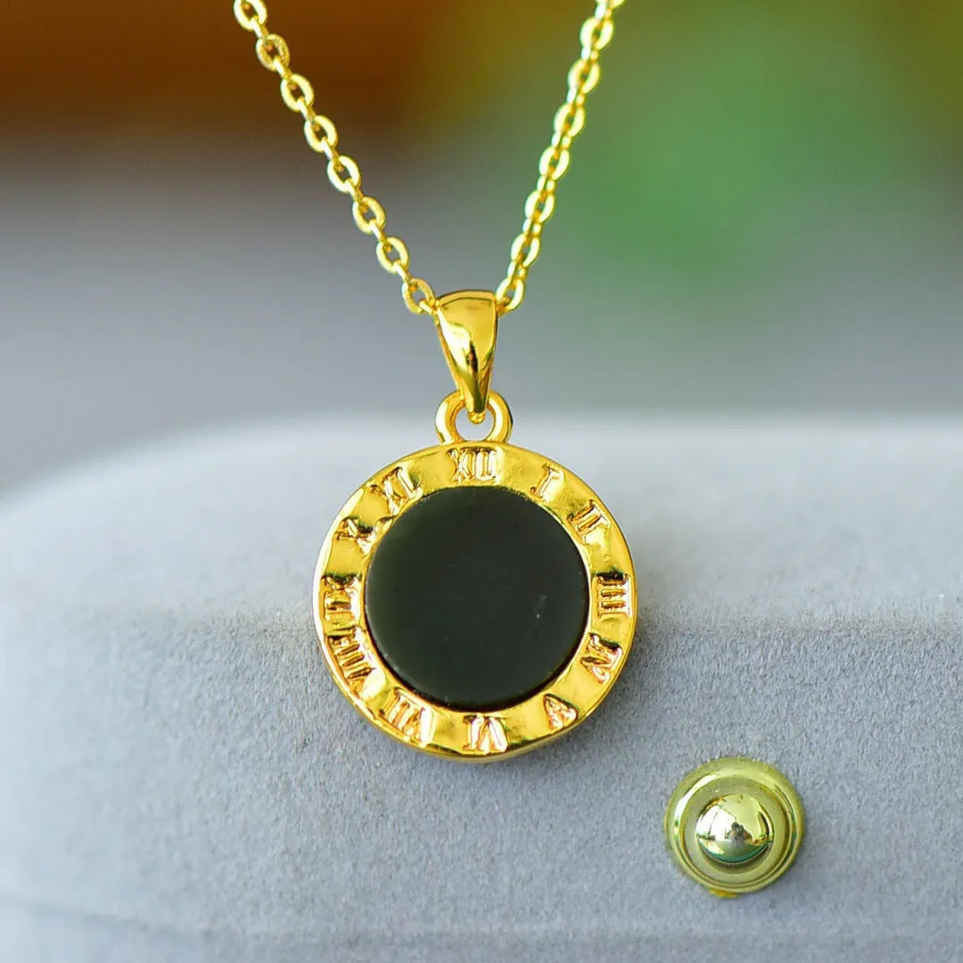 Flat natural Hetian Jade pendant with copper inlay design on a necklace chain