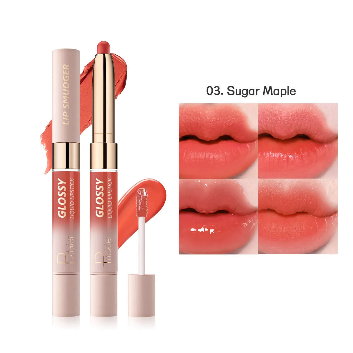 Double-headed lipstick showing matte bullet on one end and gloss applicator on the other in one of 10 available colours