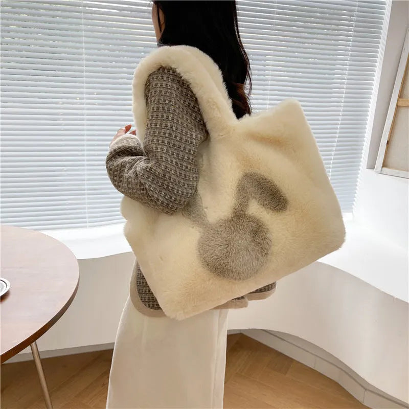 Cartoon rabbit ears plush shoulder bag in solid colour with large capacity