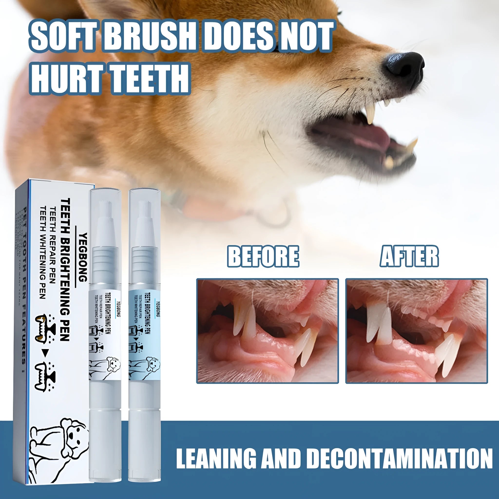 White pet teeth whitening pen applicator with two dental brushes for dog and cat oral care