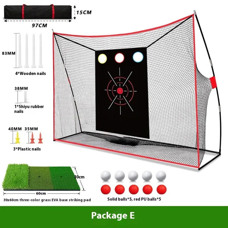Golf swing wedge training net with 3-hole cross design and straw hitting mat