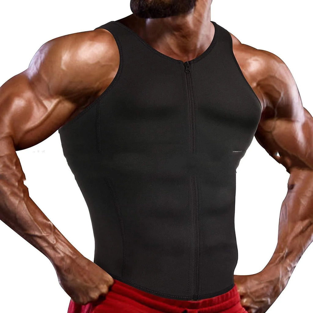 Men's black body shaper zipper vest with lumbar support and belly contraction seamless design
