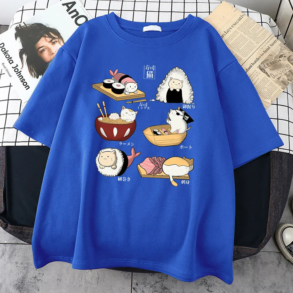 Men's black cotton t-shirt with sushi cartoon cat print design, short sleeves, loose fit