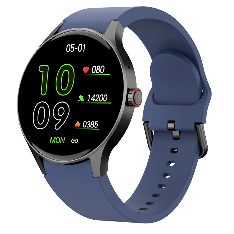 Smart Bluetooth sport watch with round touch screen on wrist, showing IP68 waterproof rating and 46mm diameter case