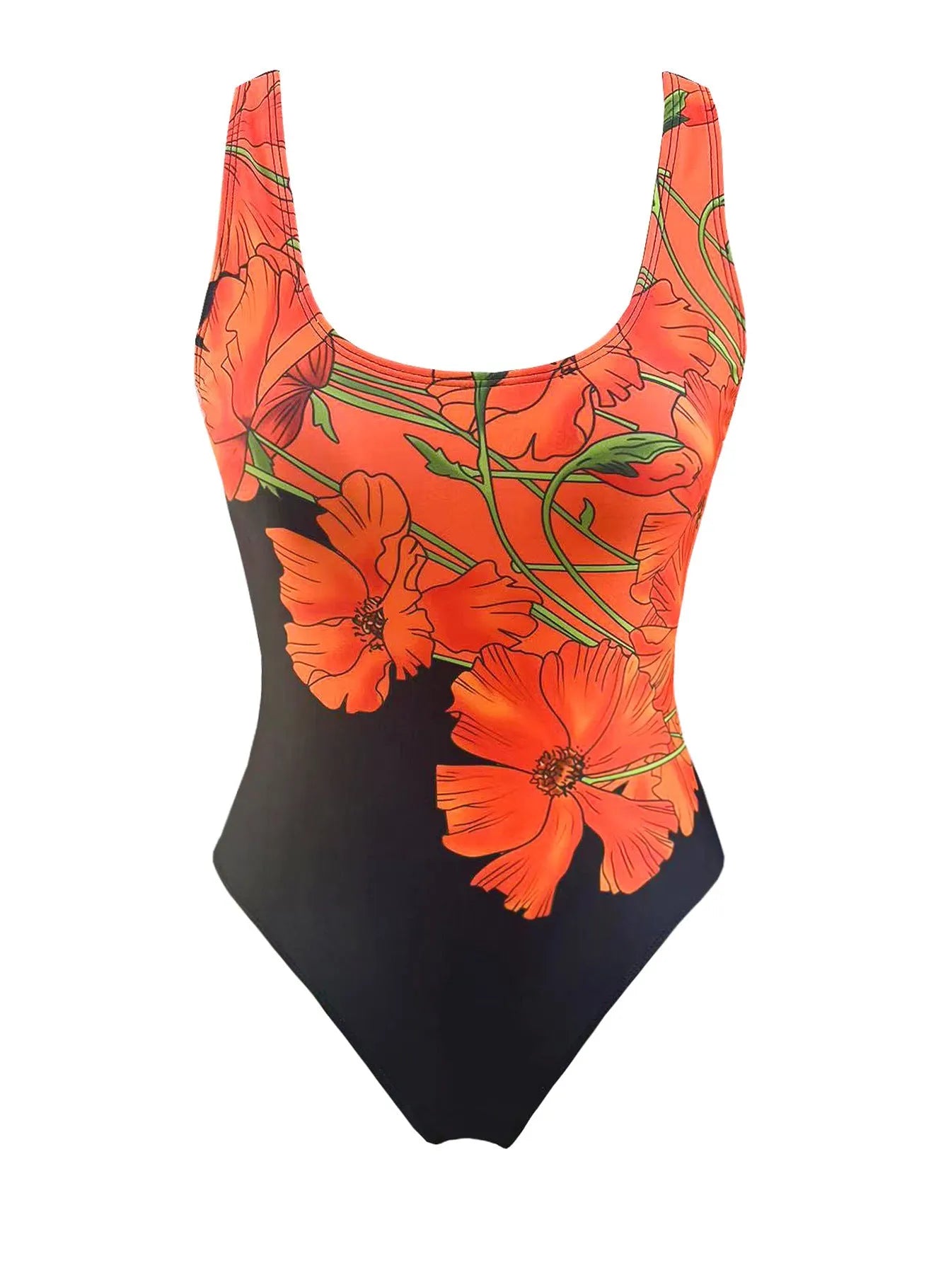 Women's orange flower print backless one-piece swimsuit on a mannequin, showing slim fit.