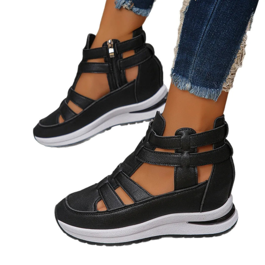 Women's black platform sandals with hollow-out design and Velcro fastening