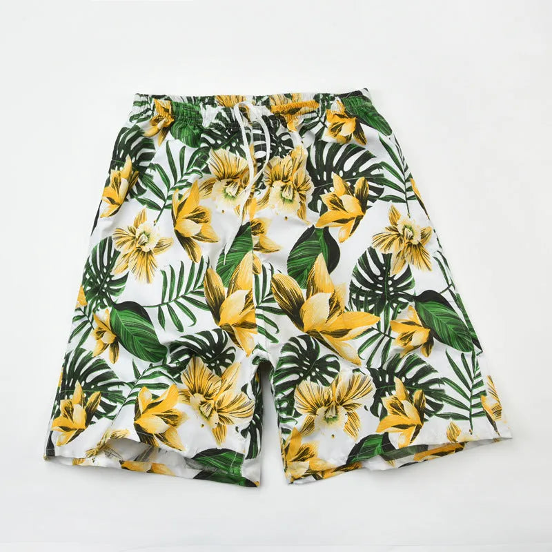Men's floral print five-point swimming trunks made from polyester in a free size.