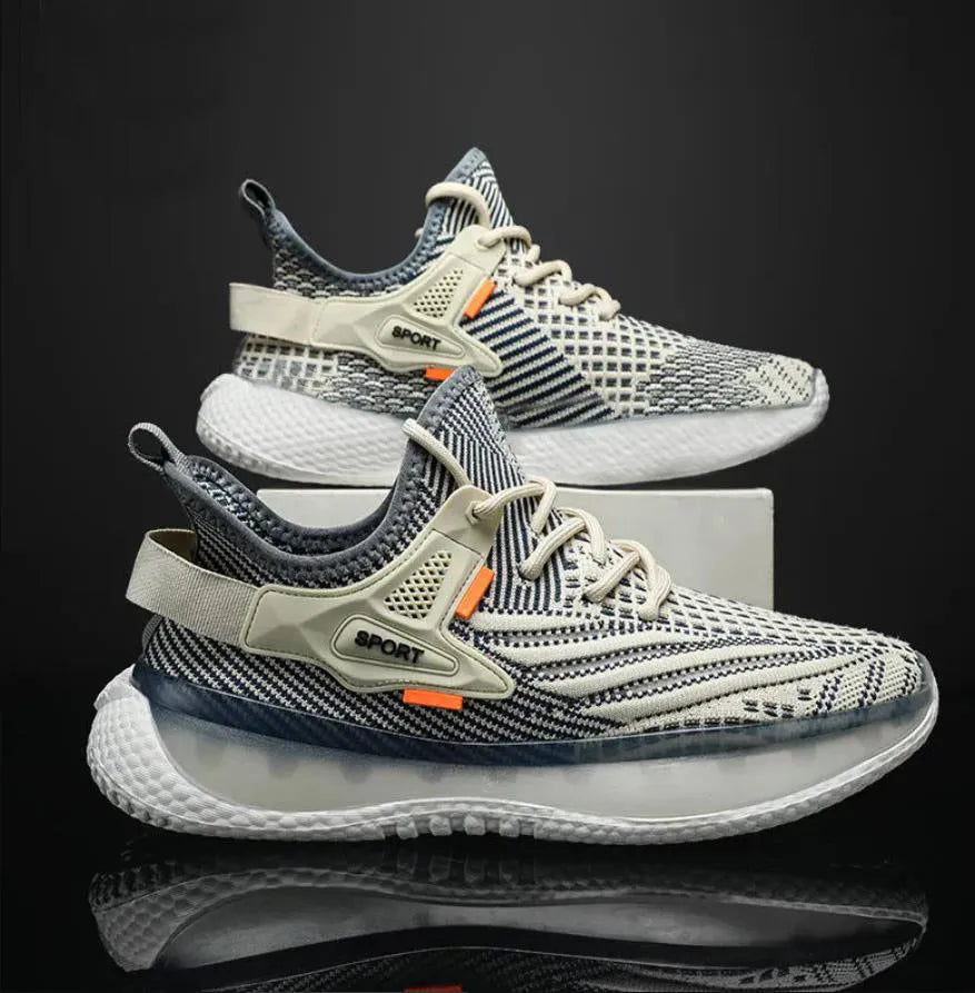 Men's white woven mesh platform sneakers with flat rubber sole and front lace-up design