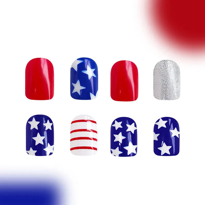 False nail tips with red and blue glitter multicolour finish in Independence Day holiday theme