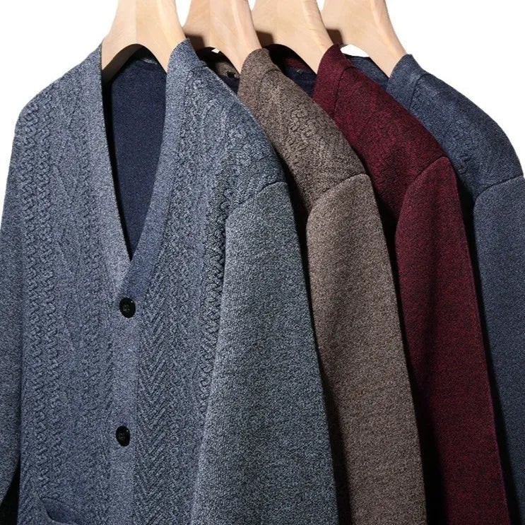 Men's striped cardigan sweater with wool lining in brown, available in plus sizes.