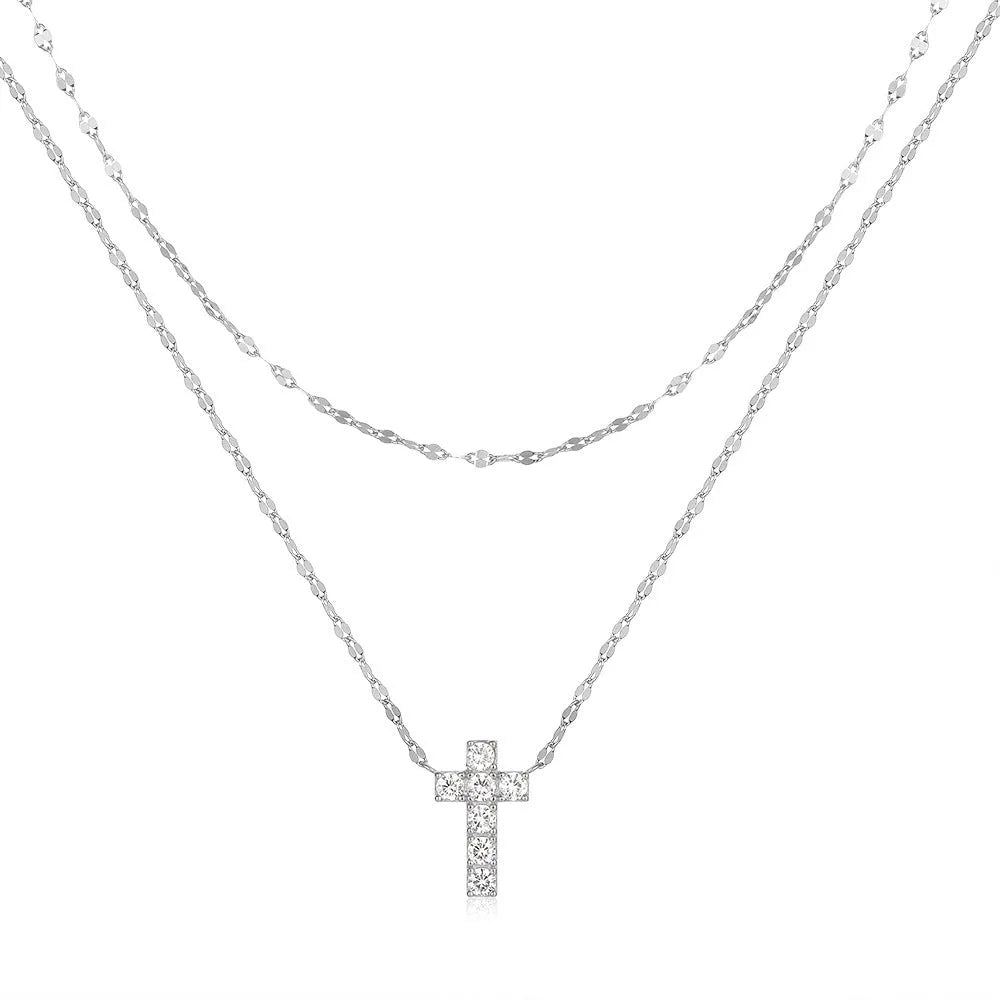 S925 sterling silver double layer twin diamond cross pendant necklace with clavicle chain in gold colour finish