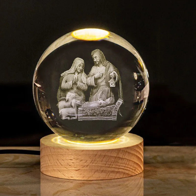 White crystal ball lamp with solid wood base and warm lighting in religious designs