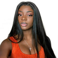 Synthetic long straight black wig with centre part and bangs for women