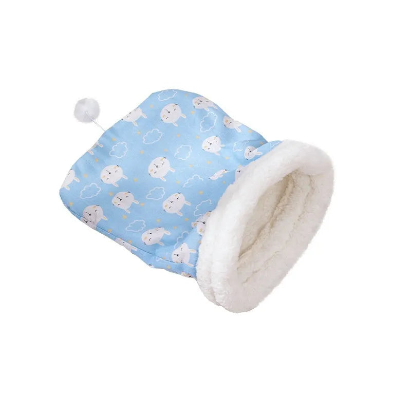 Flannel cat sleeping bag nest measuring 50cm by 40cm in blue rabbit pattern