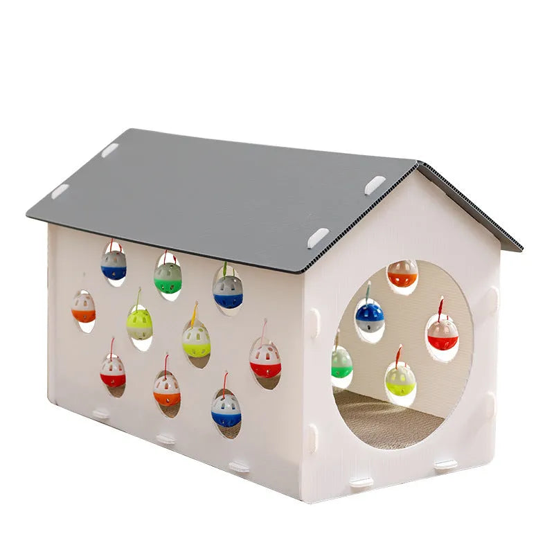 Plastic cat scratch board toy with integrated raised cat nest, tunnel, and bell ball.