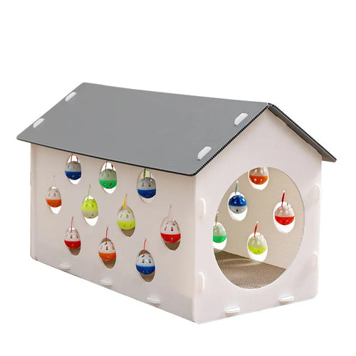 Plastic cat scratch board toy with integrated raised cat nest, tunnel, and bell ball.