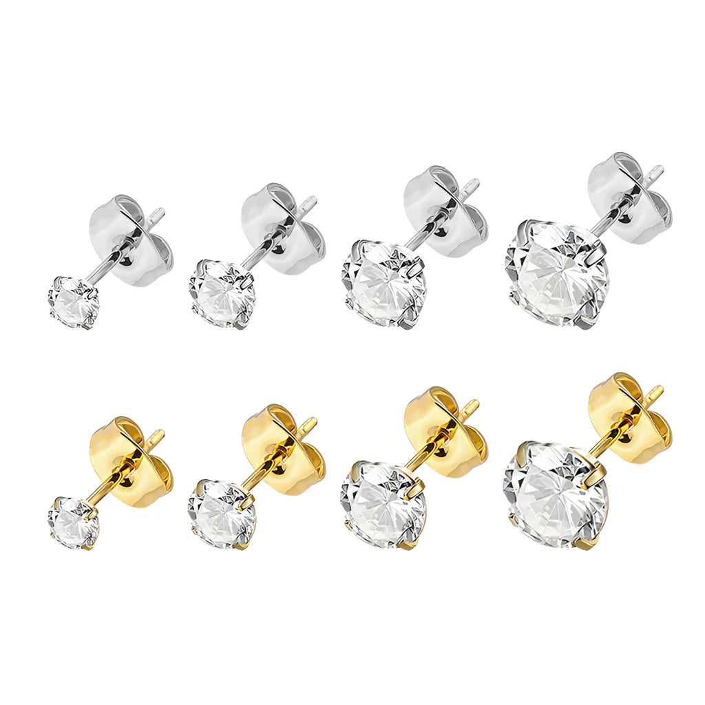 Titanium steel zircon stud earrings in round and square designs with 2mm to 8mm size options