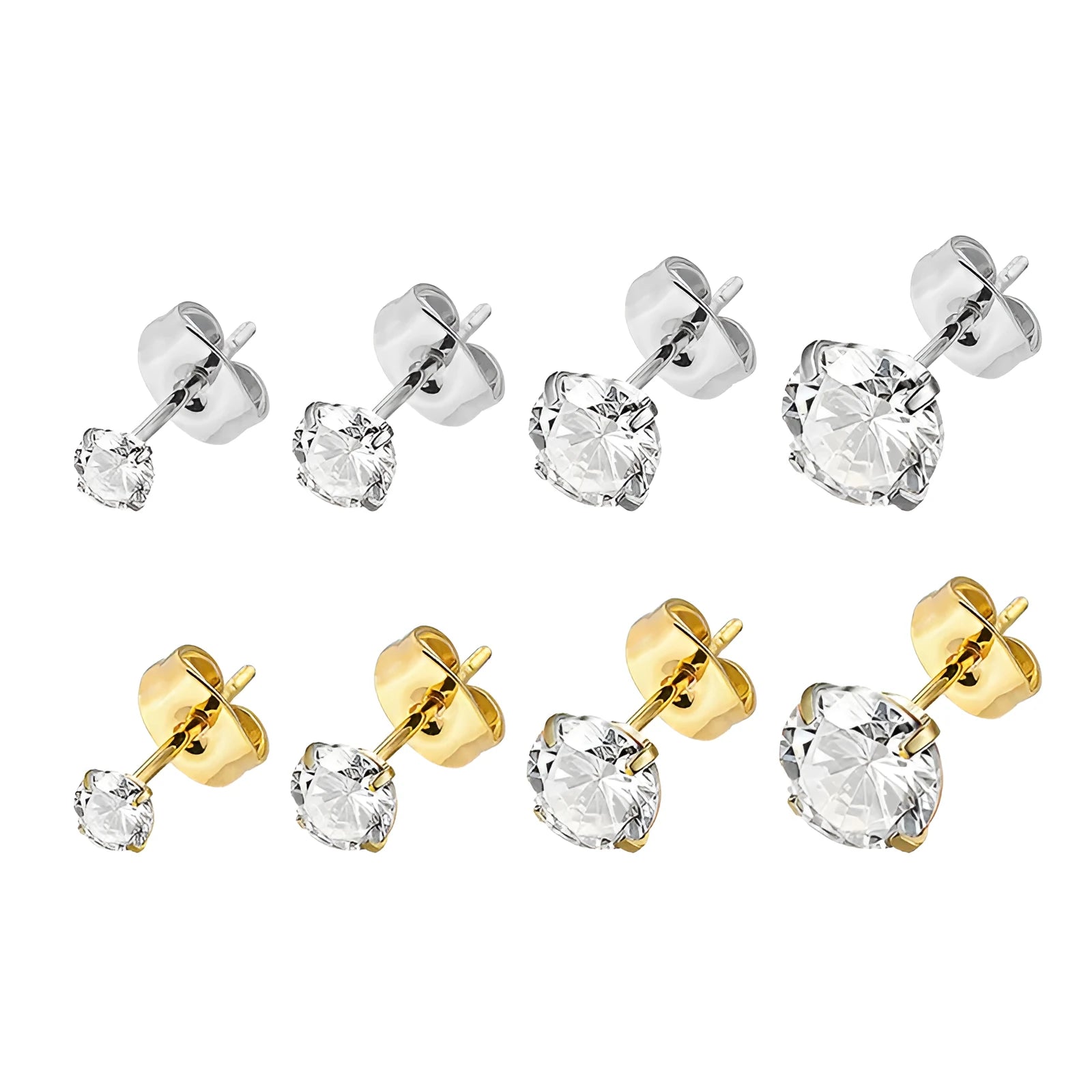 Titanium steel zircon stud earrings in round and square designs with 2mm to 8mm size options