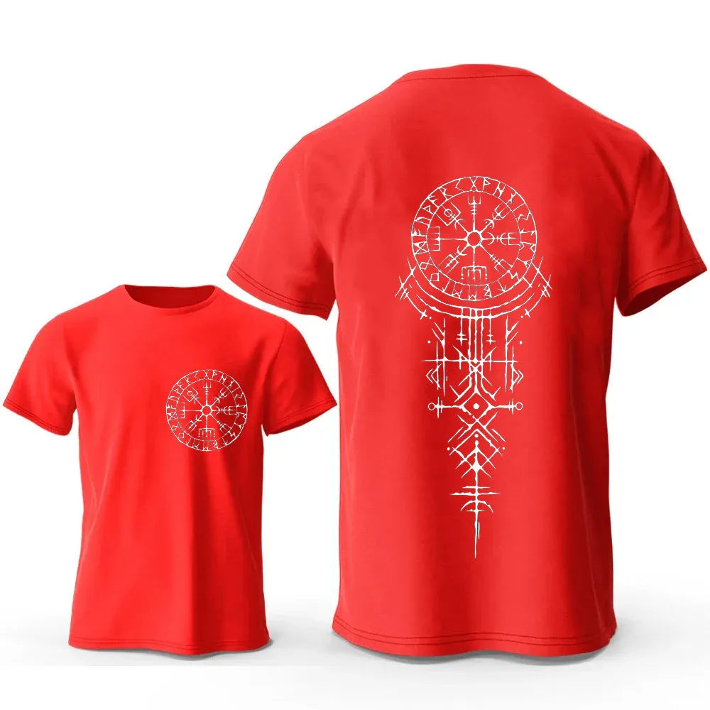 Man wearing a black cotton T-shirt with a detailed white Viking rune compass graphic on the chest.