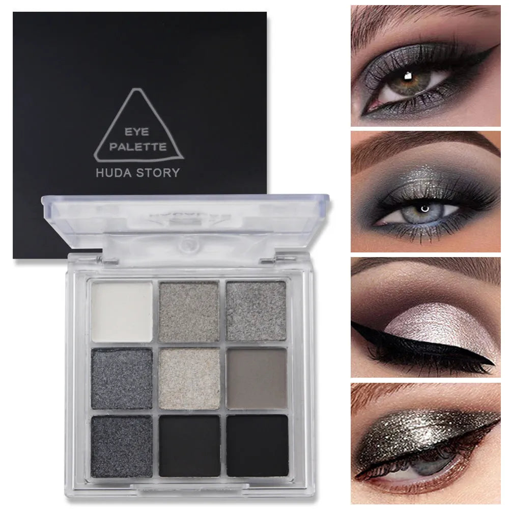 9-colour smoked eyeshadow palette showing white, silver, black and iron grey shades