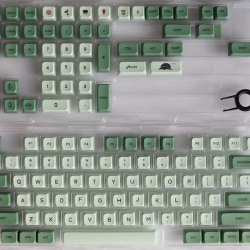 124 Key Matcha green PBT sublimation keycap set for mechanical keyboards laid out flat.