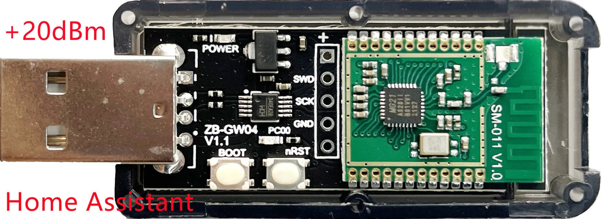 Silicon Labs EFR32MG21 Zigbee USB dongle with plastic shell and PCB antenna
