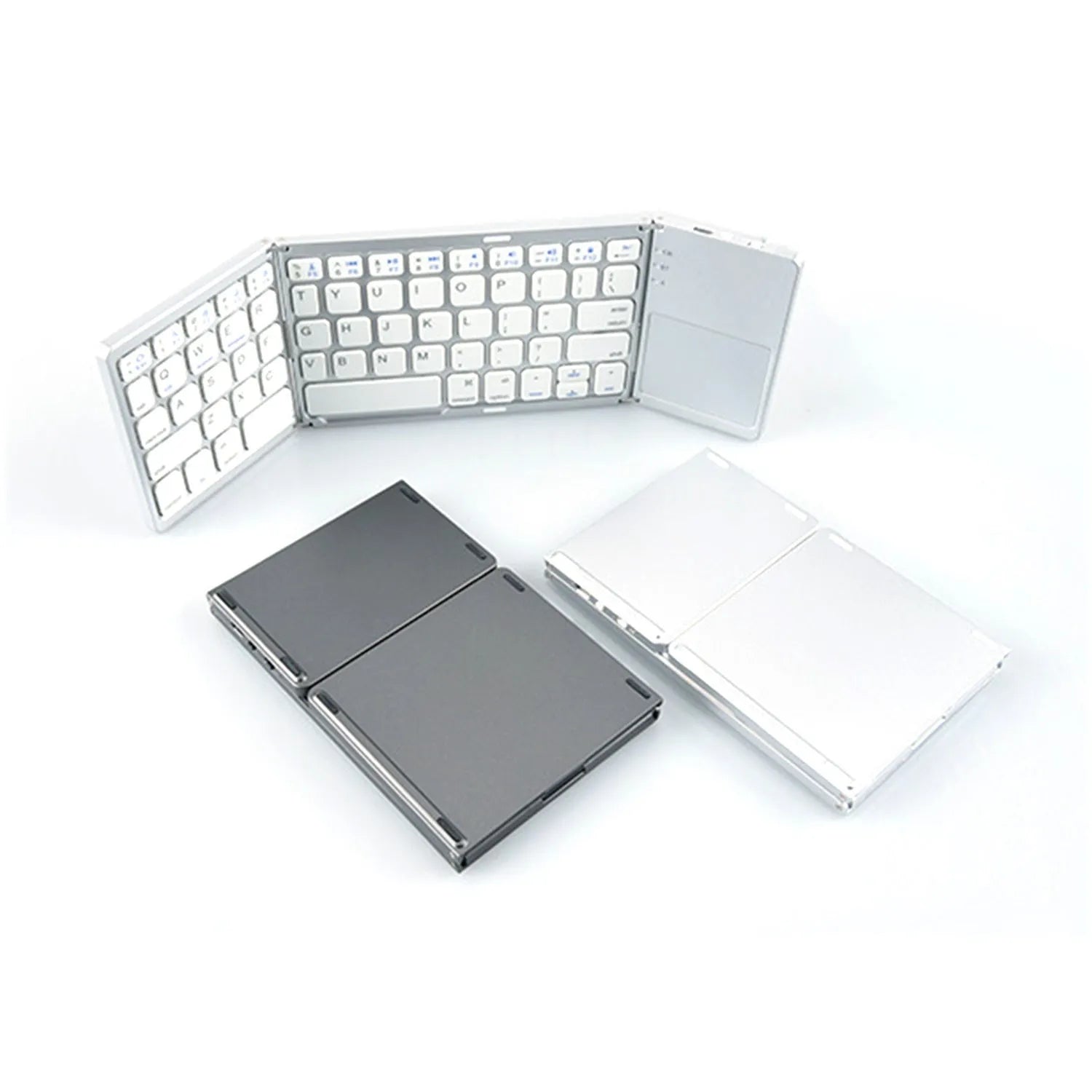 Tri-fold Bluetooth keyboard shown in black and silver colours with compact folded design