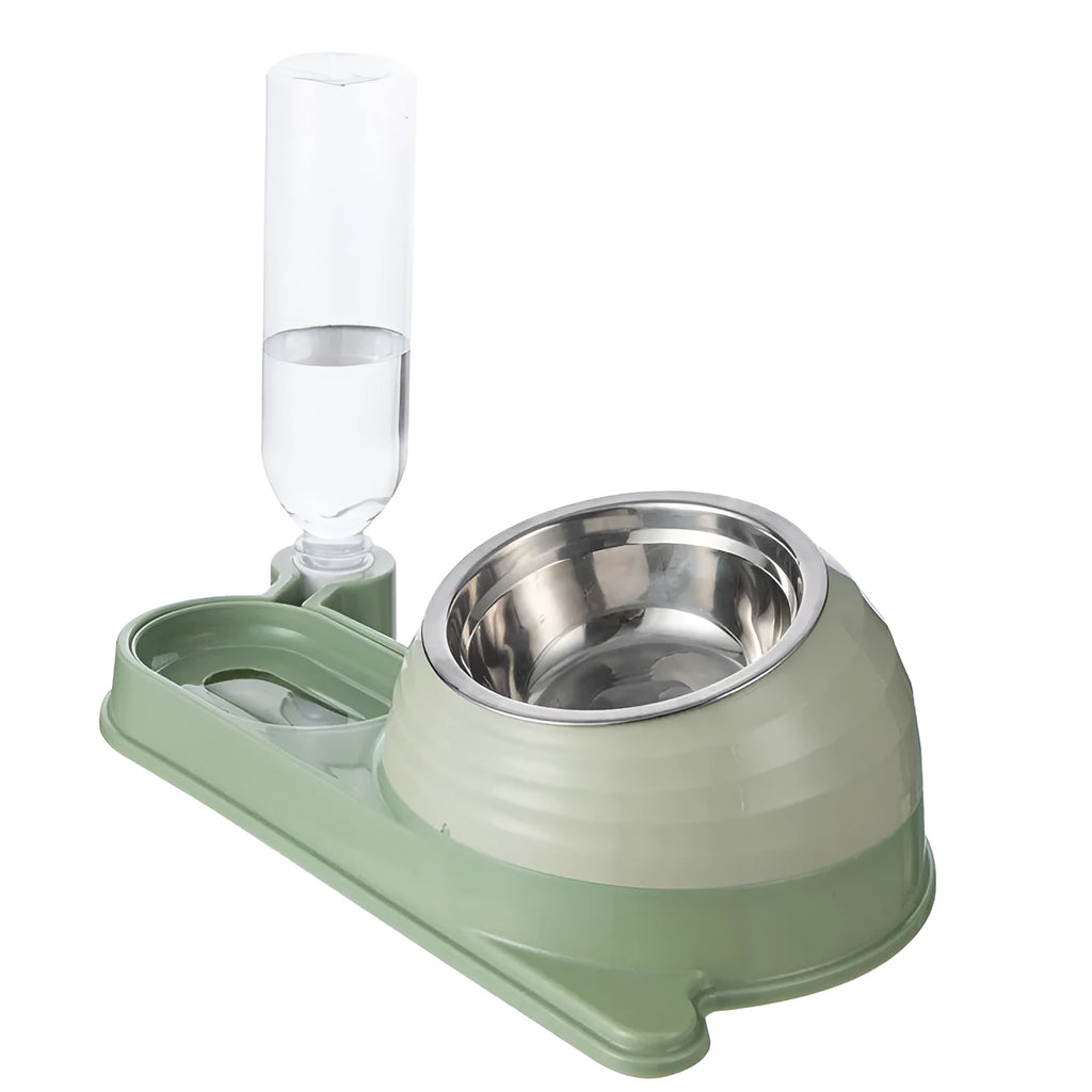 Brown elevated cat food bowl with integrated water dispenser bottle for automatic feeding