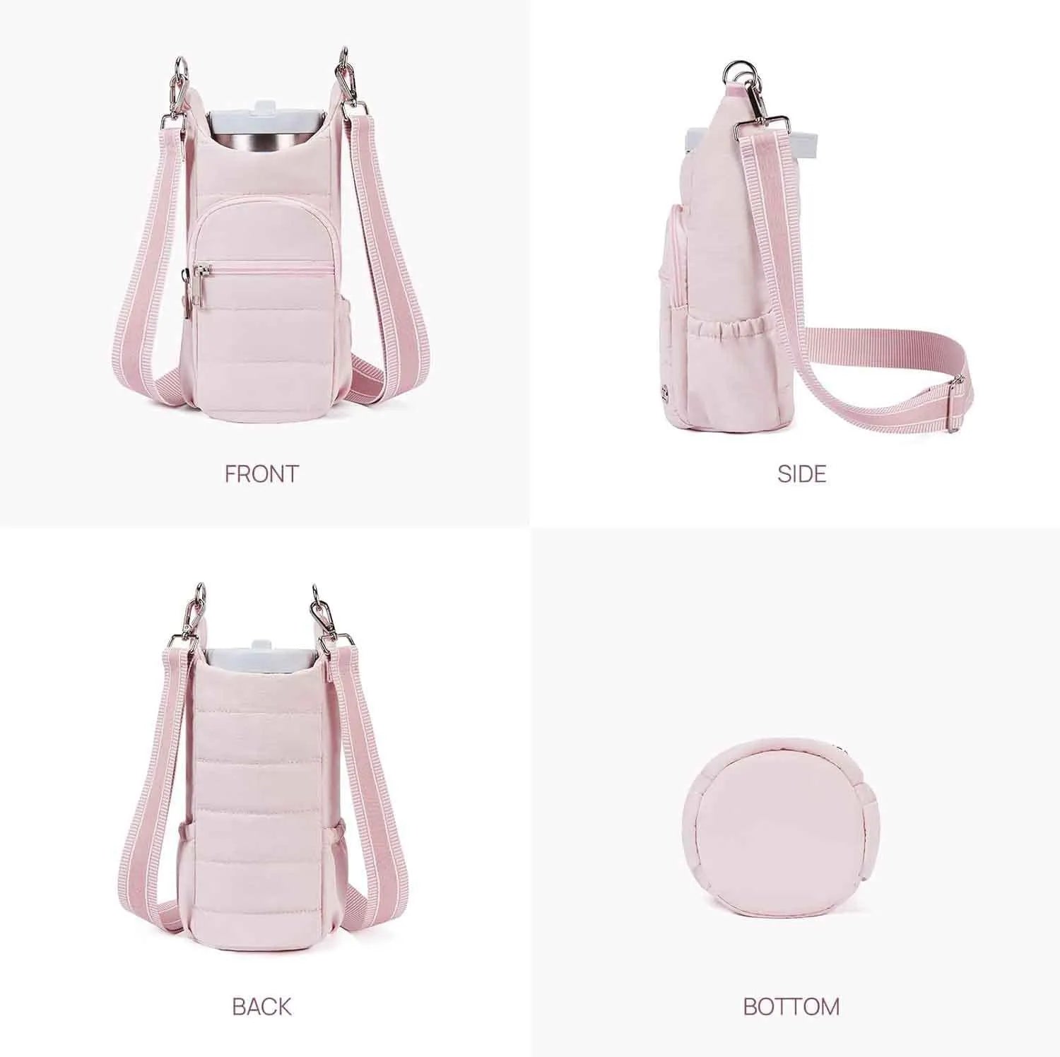 Water bottle kettle bag designed for bicycle mounting in black, pink, or beige cloth construction