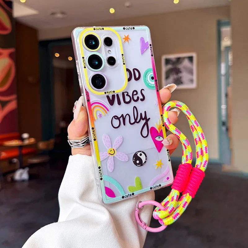 Transparent TPU phone case for Samsung with lanyard and chain