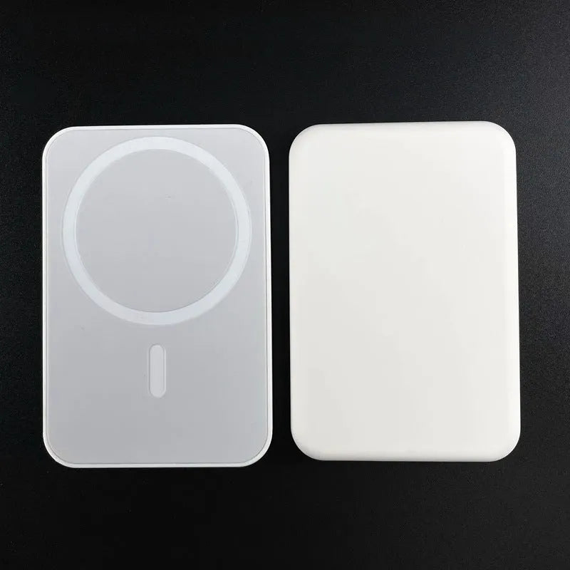 White magnetic wireless charger power bank with creative design showing dimensions 100x65mm