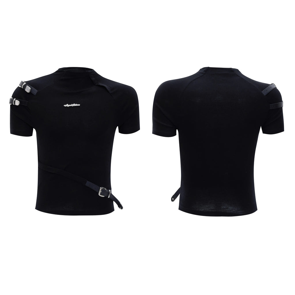 Men's black cotton T-shirt with metal belt design and small stand-up collar, slim fit short sleeve