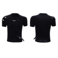 Men's black cotton T-shirt with metal belt design and small stand-up collar, slim fit short sleeve