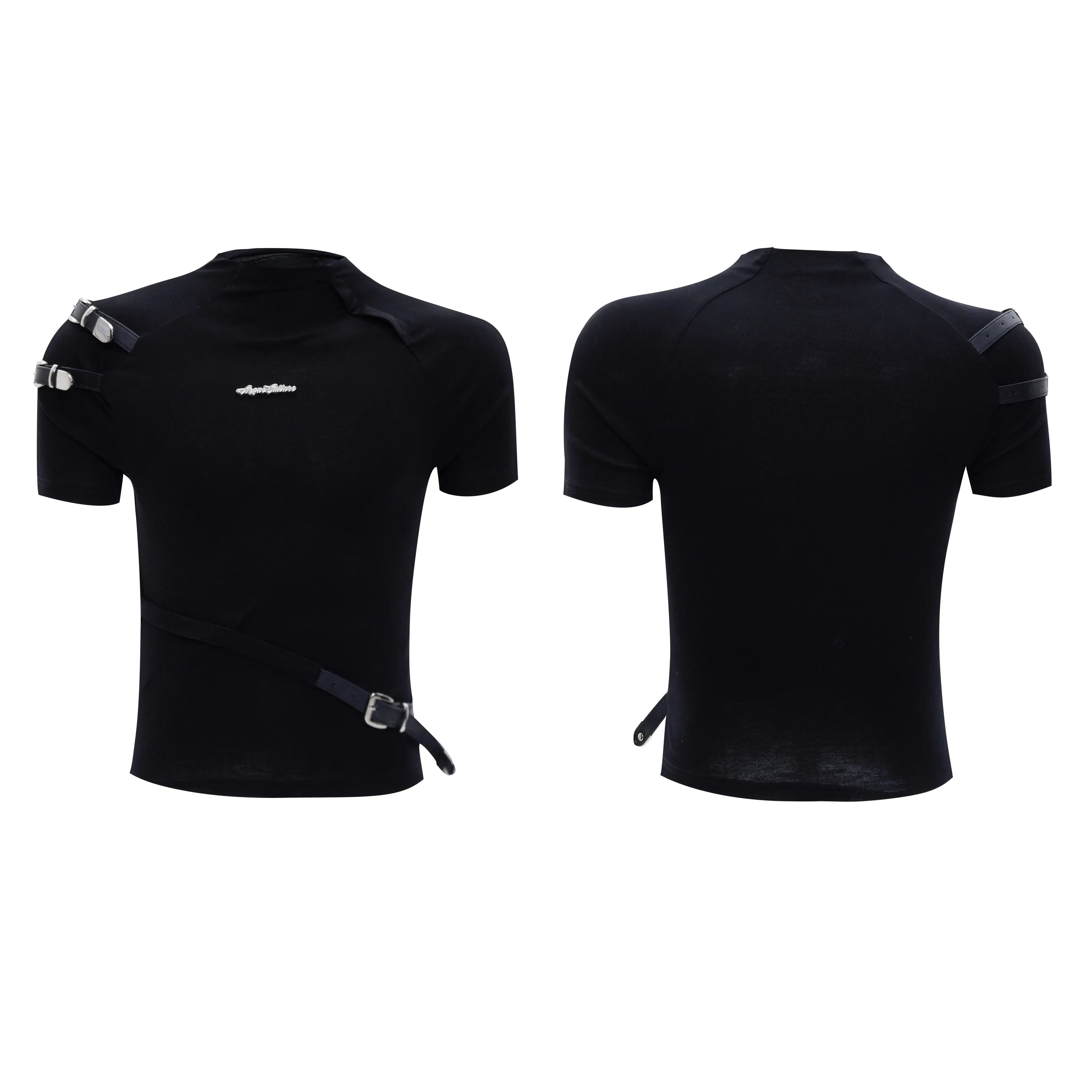Men's black cotton T-shirt with metal belt design and small stand-up collar, slim fit short sleeve