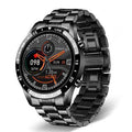 Smart watch with stainless steel wristband and 1.3-inch touch screen display showing time interface