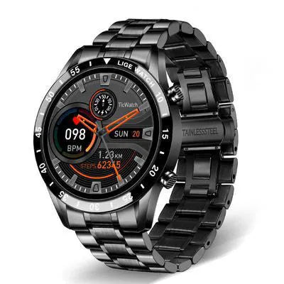 Smart watch with stainless steel wristband and 1.3-inch touch screen display showing time interface