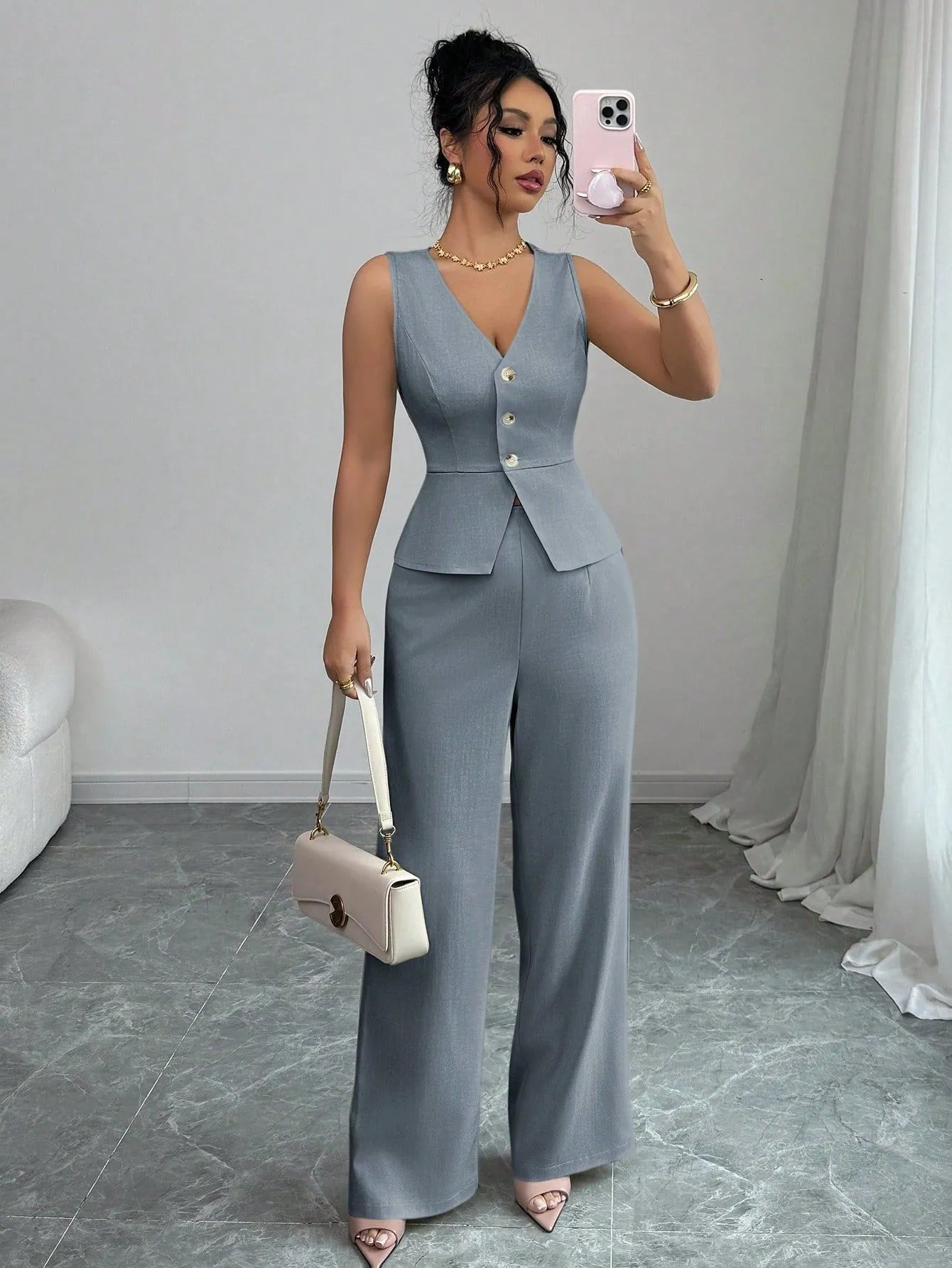 Women's sleeveless vest and high waist trousers two-piece set in solid colour