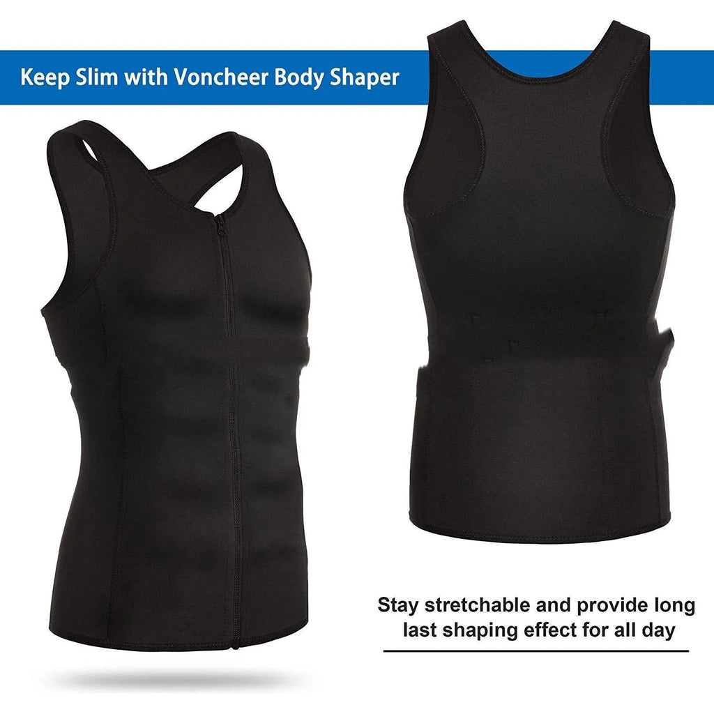 Men's black body shaper zipper vest with lumbar support and belly contraction seamless design