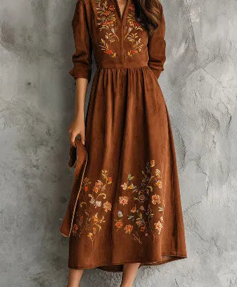 Brown midi dress with floral embroidery on suede-textured fabric, knee-length vintage style