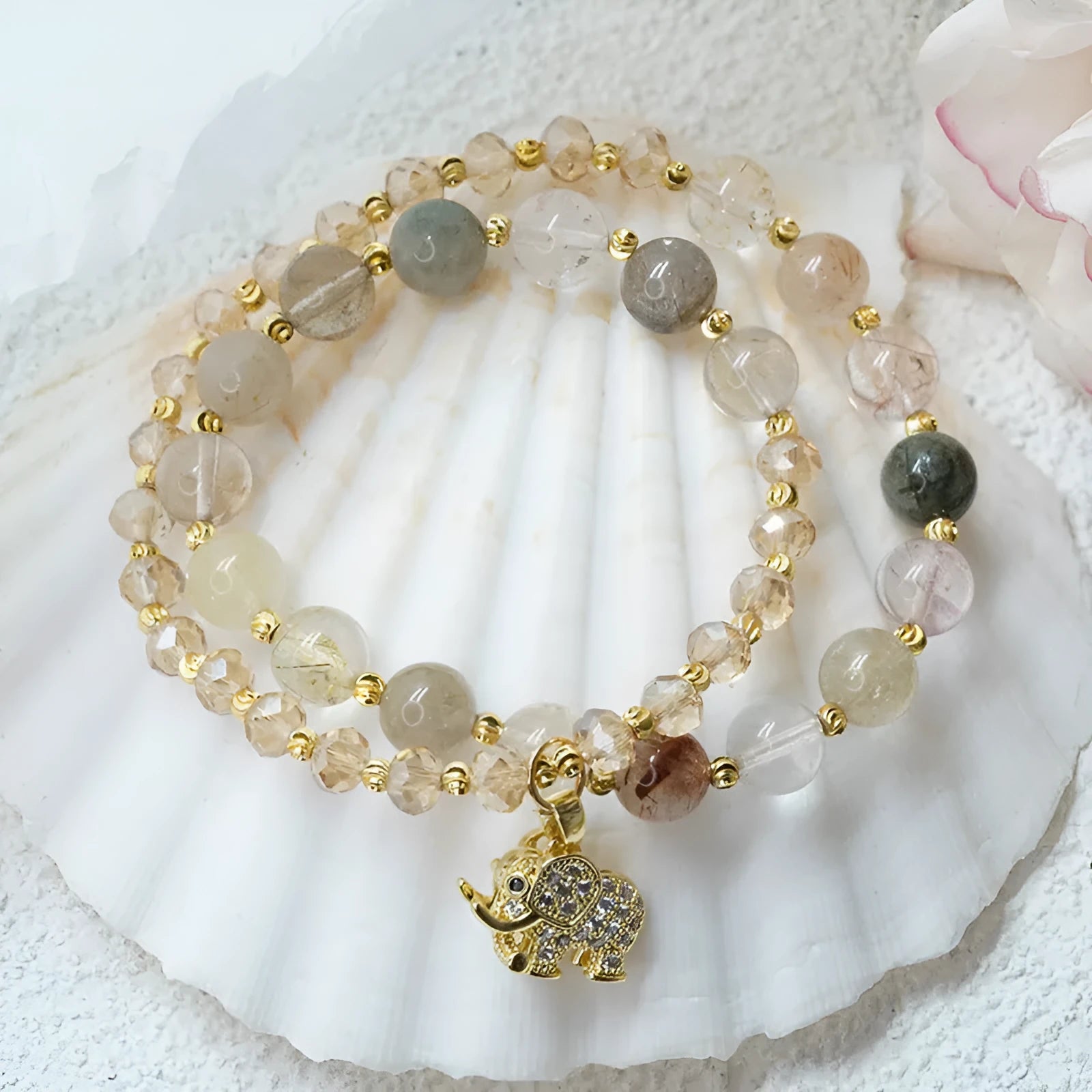 Women's retro colour hair crystal bracelet with strawberry quartz ethnic styling