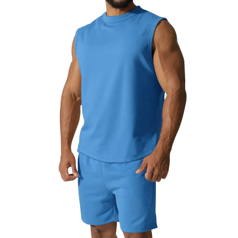 Men's sleeveless top and shorts cotton blend sports suit set in multiple solid colours