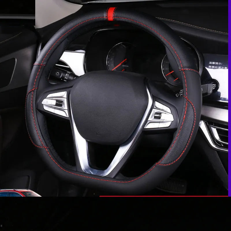Four Seasons Universal Leather Steering Wheel Cover 38cm diameter black round profile