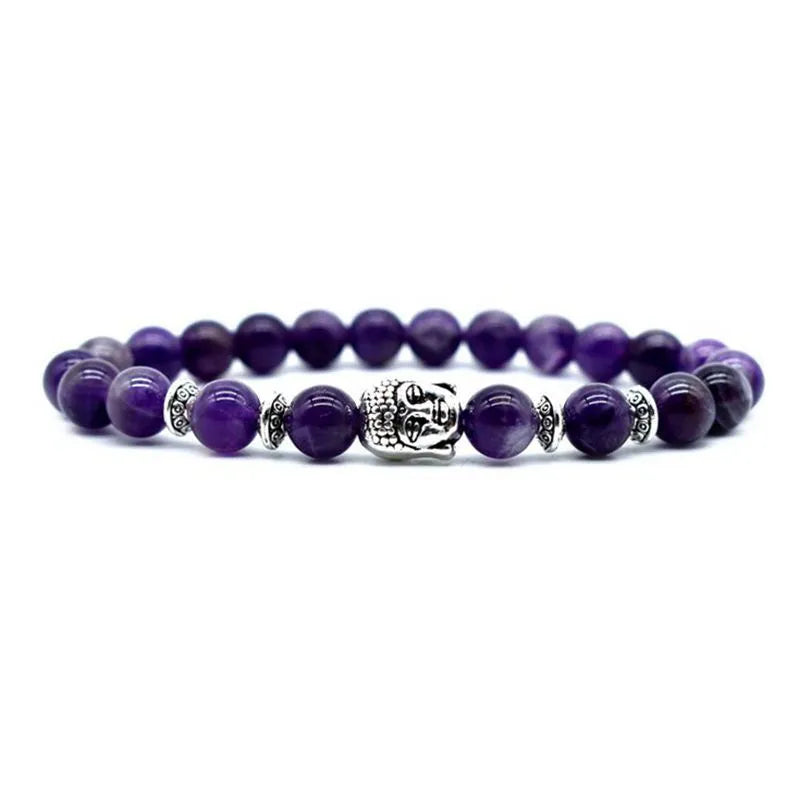 Handcrafted amethyst Buddha head bracelet with tiger eye beads measuring 19mm