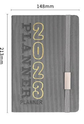 Creative student almanac calendar with imitation leather cover showing wire-o binding and planner layout