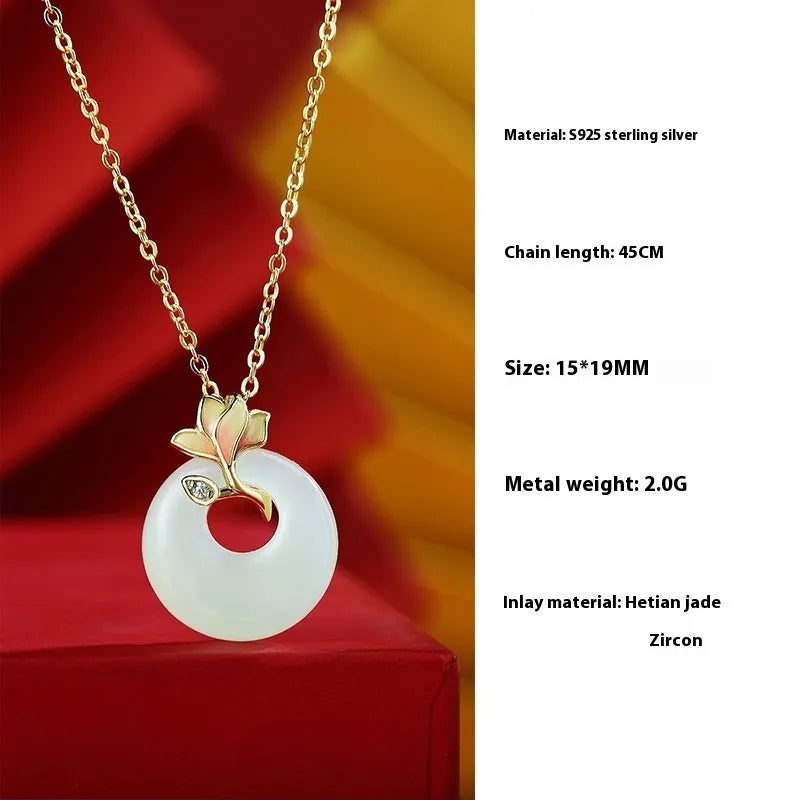 925 silver magnolia jade pendant necklace set on chain with matching bracelet and earrings
