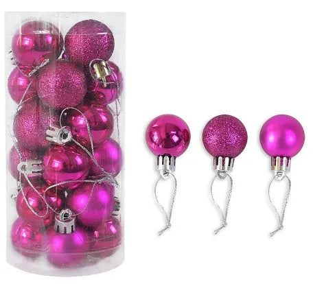 Shiny matte gold, red, silver, and blue 3 cm Christmas baubles spilling from a cardboard box.