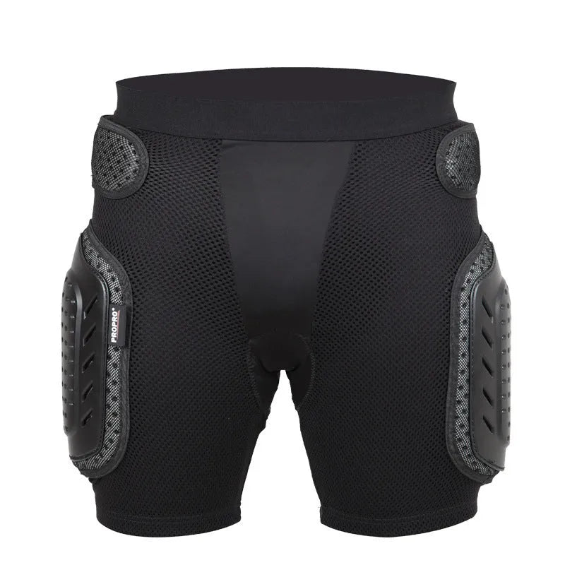 Black cycling hip protection pants showing protective padding area, available in sizes S M L XL