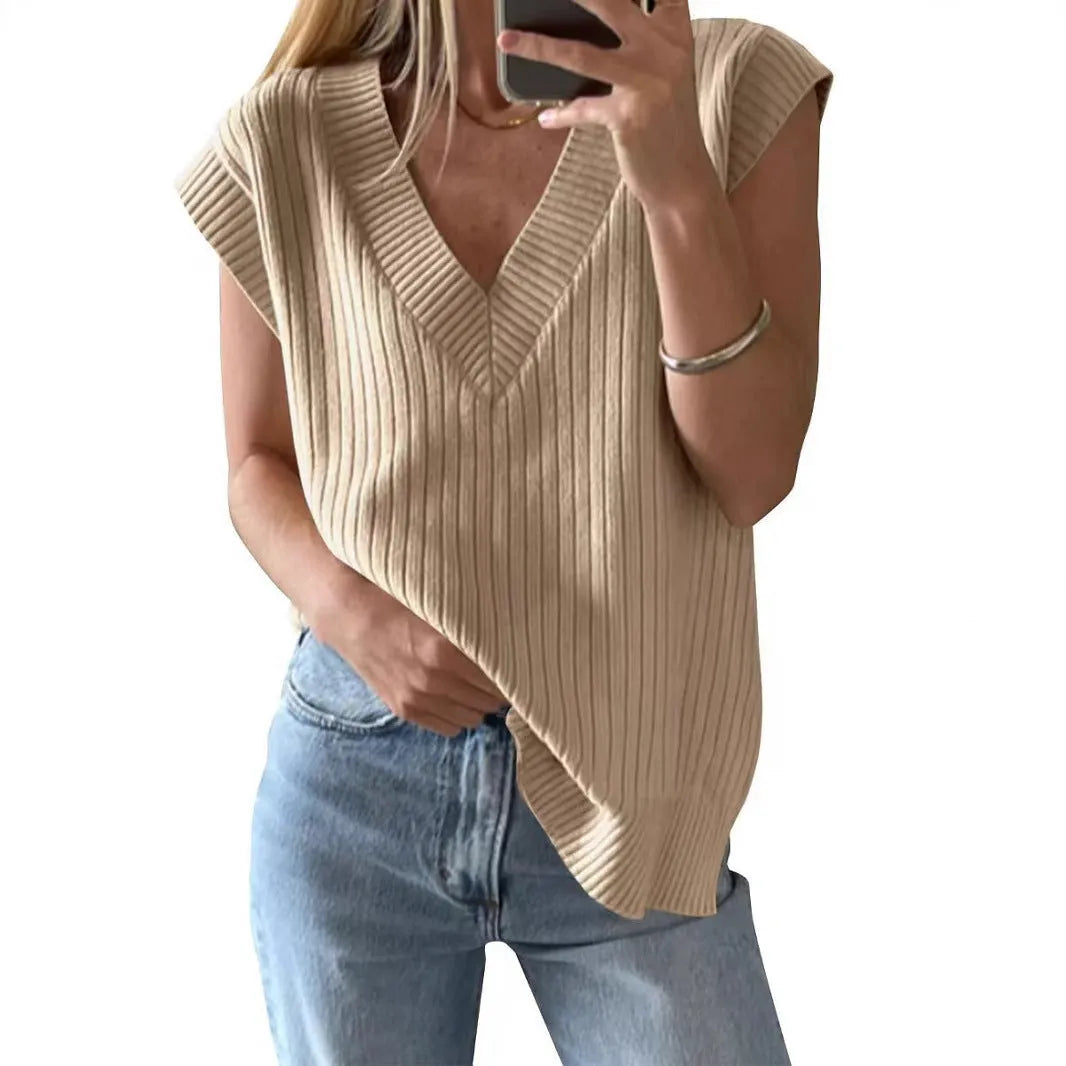 Camel and white v-neck sleeveless loose vest with striped or plaid pattern